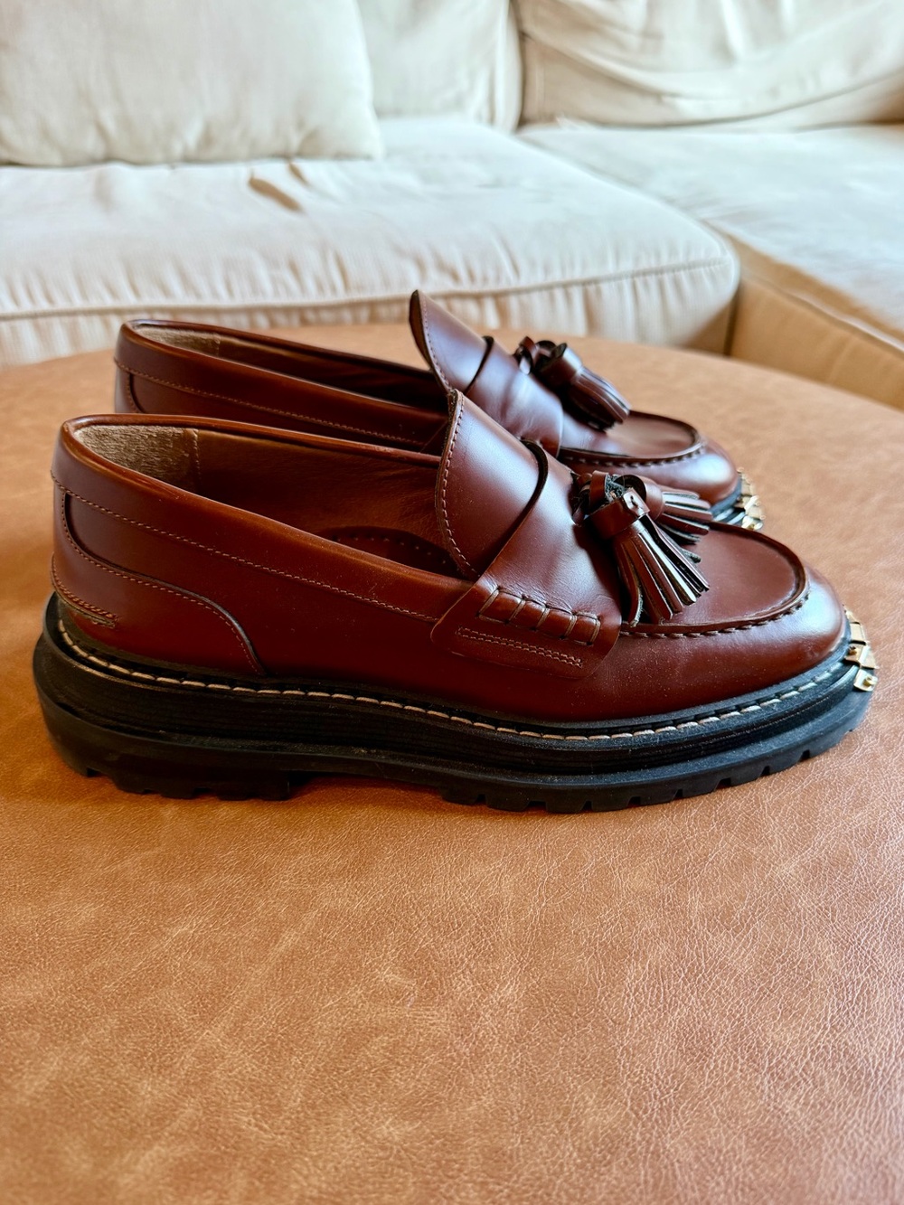 Sandro Paris Women’s Brown Platform Lug Sole Loafers Embellished Tassel - Picture 9 of 11